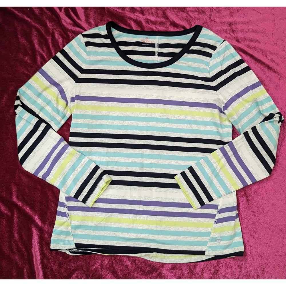 TALBOTS Cotton T-Shirt Long-sleeve Striped Casual Sz L Purple - Picture 3 of 7